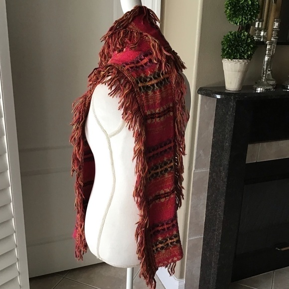 Steve Madden Long Knit Fringed Neck Scarf Muffler Acrylic Boho Pink Red Multi - Picture 14 of 16